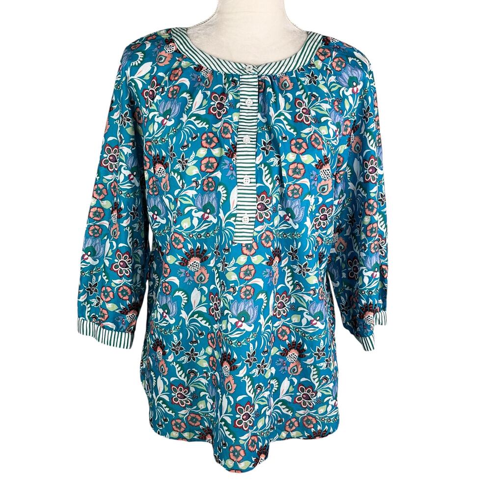 Talbots Band Collar Popover Jacobean Floral Blouse Top 3/4 Sleeve M New